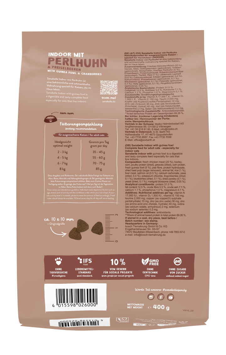 Sanabelle Katzen-Trockenfutter Indoor mit Perlhuhn